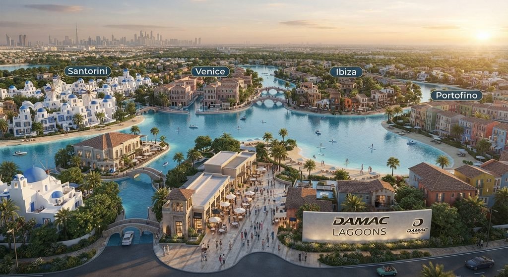 داماك لاغونز (DAMAC Lagoons): مجمع سكني فاخر مستوحى من المدن الساحلية المتوسطية (مثل سانتوريني، فينيسا، إيبيزا، وغيرها) ويتميز بالبحيرات الكريستالية.